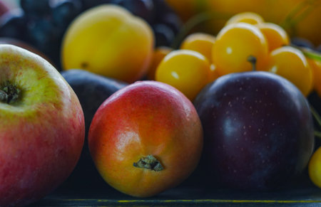 Various fruits, summer fruits on the tableの写真素材