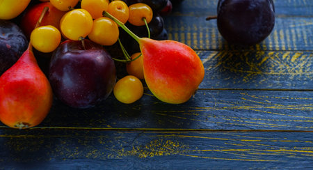 Various fruits, summer fruits on the tableの写真素材