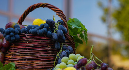 Various grapes and fruits are placed in the basket