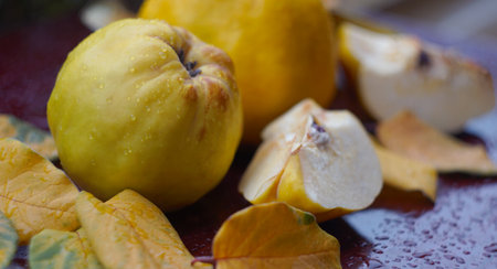 Yellow quince fruits are cut into piecesの写真素材