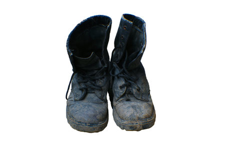 old soldier boots on white backgroundの写真素材