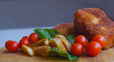 There are potatoes and cutlets on the tableの写真素材