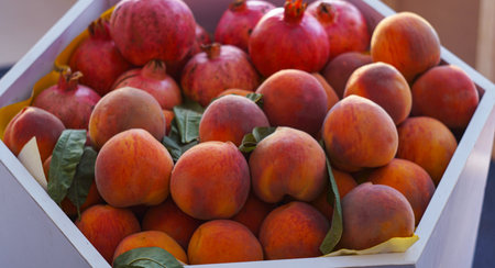Many red peaches are picked at the counterの写真素材