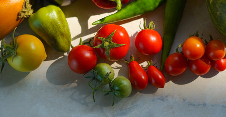 There are zucchini, tomatoes and other vegetables on the table.の写真素材