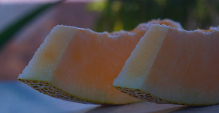 There are two pieces of very juicy melon on the table.の写真素材