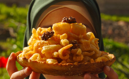 A girl holds a nutty dessert in her hand during Ramadan