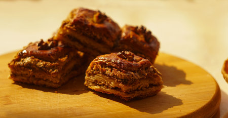 Walnut baklava, a Ramadan dessert, cut into pieces on a tableの写真素材