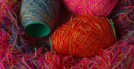 On the table, woolen threads of different colors stand in rows.