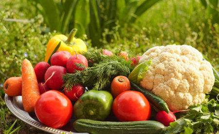Tomatoes, cucumbers, greens, and other vegetables grow on grass in the lap of nature.の写真素材