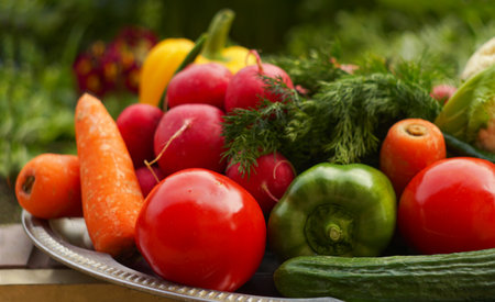 Tomatoes, cucumbers, greens, and other vegetables grow on the laws.の写真素材