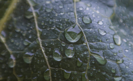 A raindrop shines on a large leafの写真素材