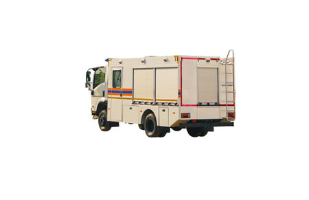 A large white fire engine stands on a white background