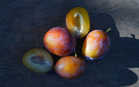 In nature, a cut and whole plum stands on a boardの写真素材