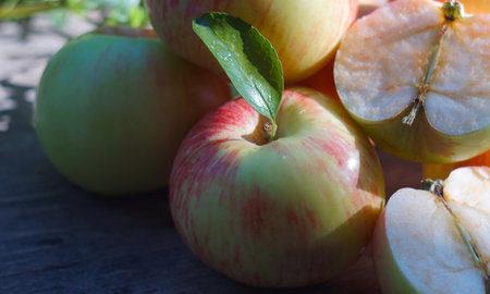 In nature, there are a bunch of apples on a board.の写真素材