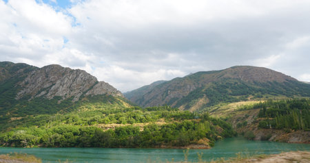 In the summer, sunlight falls on the green mountain by the river.