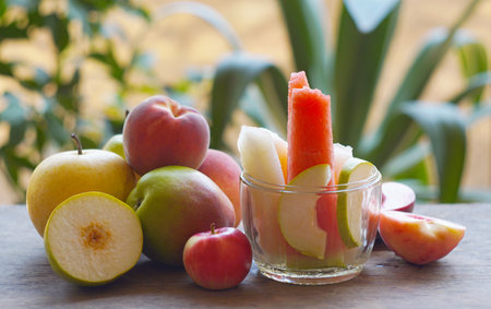 Various autumn fruits are placed on the table.の写真素材