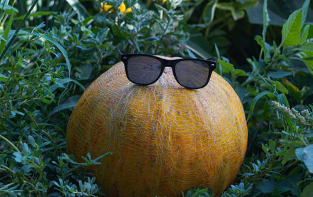 Round yellow melon on a board outdoorsの写真素材