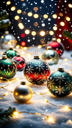 All kinds of lights and Christmas toys sparkle on the snow.の素材