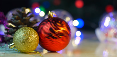 Various Christmas toys are placed on the table. Christmas mood.の写真素材