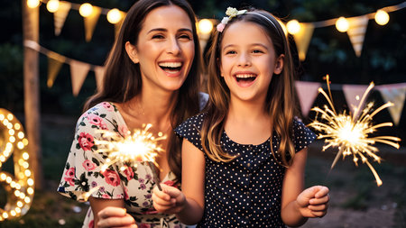 A woman and her daughter hold sparks in their hands, created using artificial intelligenceの素材