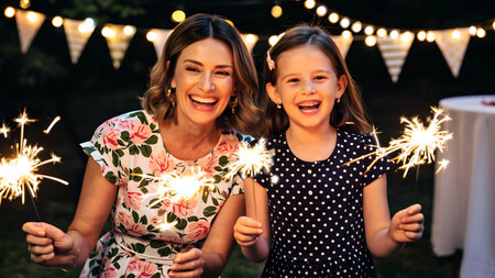 A woman and her daughter hold sparks in their hands, created using artificial intelligenceの素材