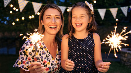 A woman and her daughter hold sparks in their hands, created using artificial intelligenceの素材