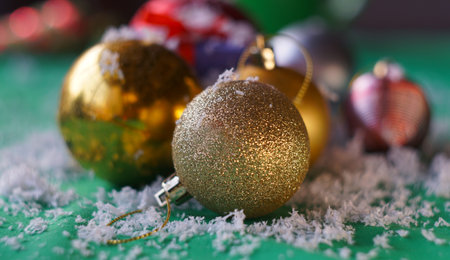 Various Christmas tree toys with snowflakes, New Year's moodの写真素材