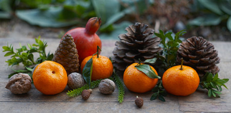 Tangerines and fir nuts on a wooden board create a New Year's table setting
