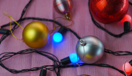 All kinds of Christmas lights and toys are scattered around. Christmas mood.