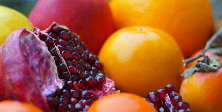 There is a piece of pomegranate and other fruits on the table, The cut pomegranate stands in the...