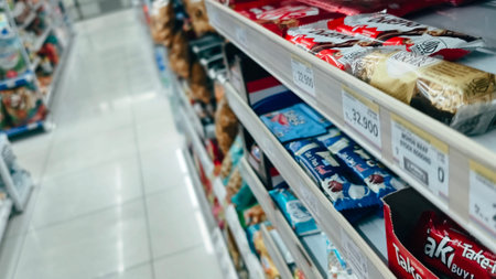 Jakarta, Indonesia - Februari 1, 2026: Pharmacy retail shelf displaying over-the-counter medicine, baby care, vitamins, and health products in a modern Indonesian drugstoreのeditorial素材
