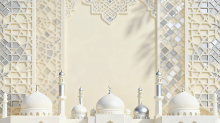 Soft focus background featuring elegant Islamic geometric shadows and mosque-inspired patterns on a bright white surface, creating a calm, luxuriousの写真素材