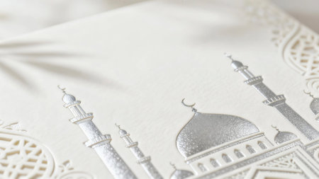 Soft focus background featuring elegant Islamic geometric shadows and mosque-inspired patterns on a bright white surface, creating a calm, luxuriousの写真素材