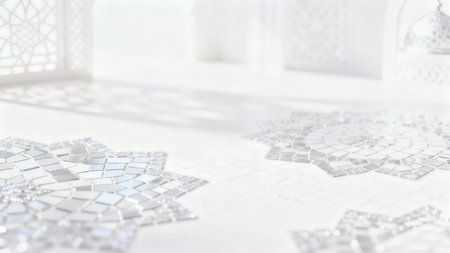 Soft focus background featuring elegant Islamic geometric shadows and mosque-inspired patterns on a bright white surface, creating a calm, luxuriousの写真素材