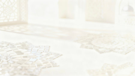 Soft focus background featuring elegant Islamic geometric shadows and mosque-inspired patterns on a bright white surface, creating a calm, luxuriousの写真素材