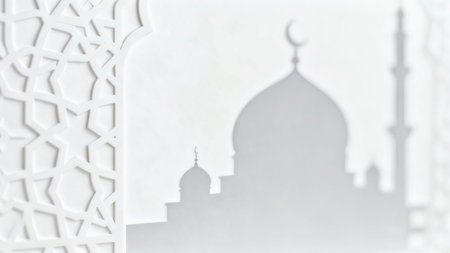 Soft focus background featuring elegant Islamic geometric shadows and mosque-inspired patterns on a bright white surface, creating a calm, luxuriousの写真素材
