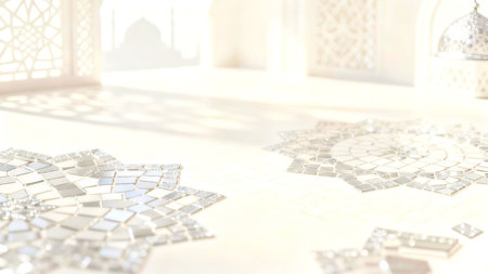 Soft focus background featuring elegant Islamic geometric shadows and mosque-inspired patterns on a bright white surface, creating a calm, luxuriousの写真素材