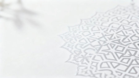Soft focus background featuring elegant Islamic geometric shadows and mosque-inspired patterns on a bright white surface, creating a calm, luxuriousの写真素材