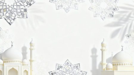 Soft focus background featuring elegant Islamic geometric shadows and mosque-inspired patterns on a bright white surface, creating a calm, luxuriousの写真素材