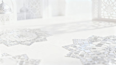 Soft focus background featuring elegant Islamic geometric shadows and mosque-inspired patterns on a bright white surface, creating a calm, luxuriousの写真素材
