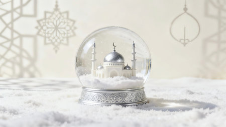 Soft focus background featuring elegant Islamic geometric shadows and mosque-inspired patterns on a bright white surface, creating a calm, luxuriousの写真素材