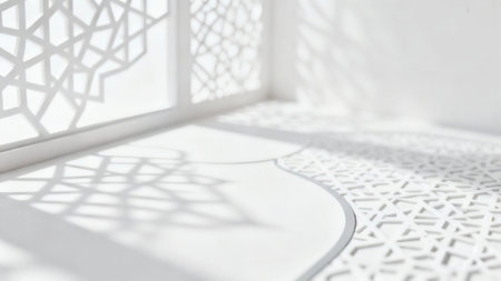 Soft focus background featuring elegant Islamic geometric shadows and mosque-inspired patterns on a bright white surface, creating a calm, luxuriousの写真素材