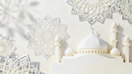 Soft focus background featuring elegant Islamic geometric shadows and mosque-inspired patterns on a bright white surface, creating a calm, luxuriousの写真素材