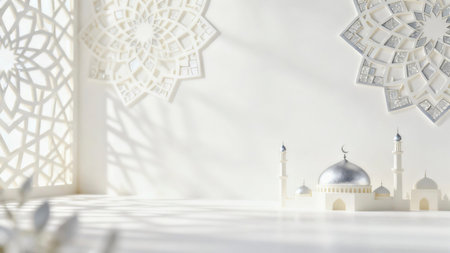 Soft focus background featuring elegant Islamic geometric shadows and mosque-inspired patterns on a bright white surface, creating a calm, luxuriousの写真素材