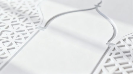 Soft focus background featuring elegant Islamic geometric shadows and mosque-inspired patterns on a bright white surface, creating a calm, luxuriousの写真素材