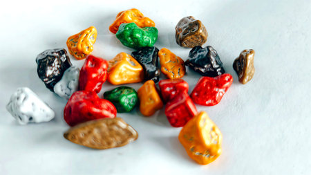 Colorful chocolate pebble candies macro sweet snack texture background vibrant glossy candy pieces for dessert decoration food concept and creative backgroundの写真素材