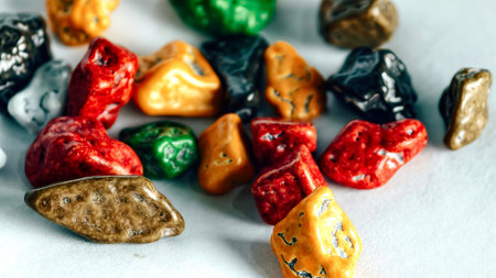 Colorful chocolate pebble candies macro sweet snack texture background vibrant glossy candy pieces for dessert decoration food concept and creative backgroundの写真素材