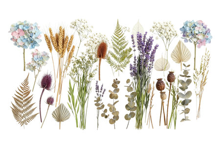Beautiful collection of pressed dried flowers leaves and botanical elements isolated on white...