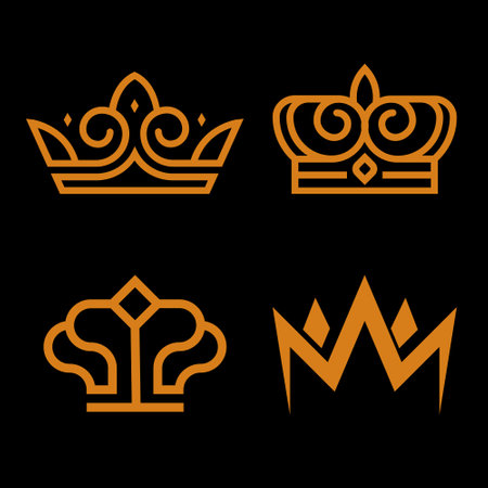 Crown icons set. Golden outline crown icons set on black background. Vector illustration.のイラスト素材