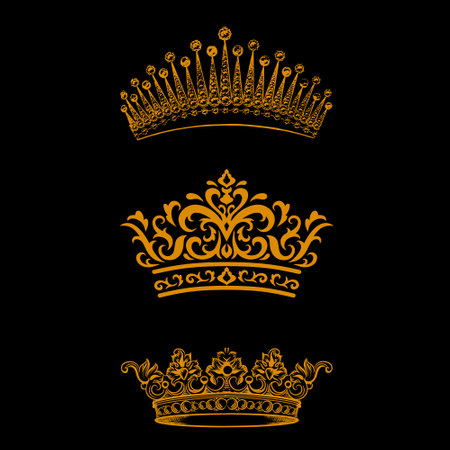 Golden crowns. Vector illustration isolated on black background. Luxury royal design element.のイラスト素材
